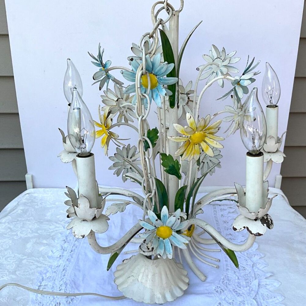 Vintage Italian Tole Chandelier daisy flowers Shabby Cottage Chandelier must see